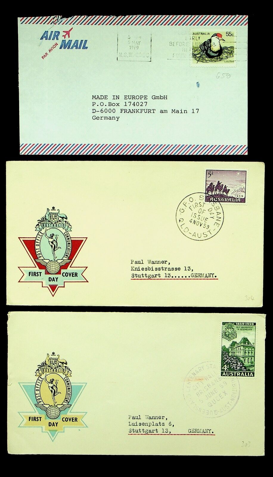 Australia 1959-79 2 Fdcs+ Airmail Cover To Germany W/ 3v Queensland, Rooster