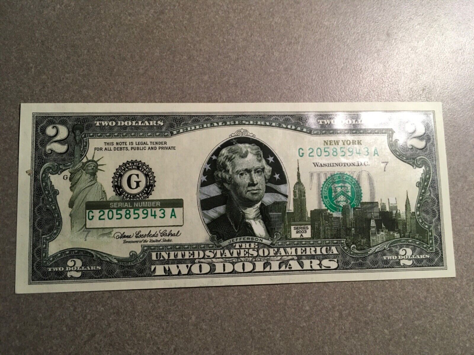 2003a Two Dollar ($2) Bill Colorized State Note Landmark Unc • New York #1