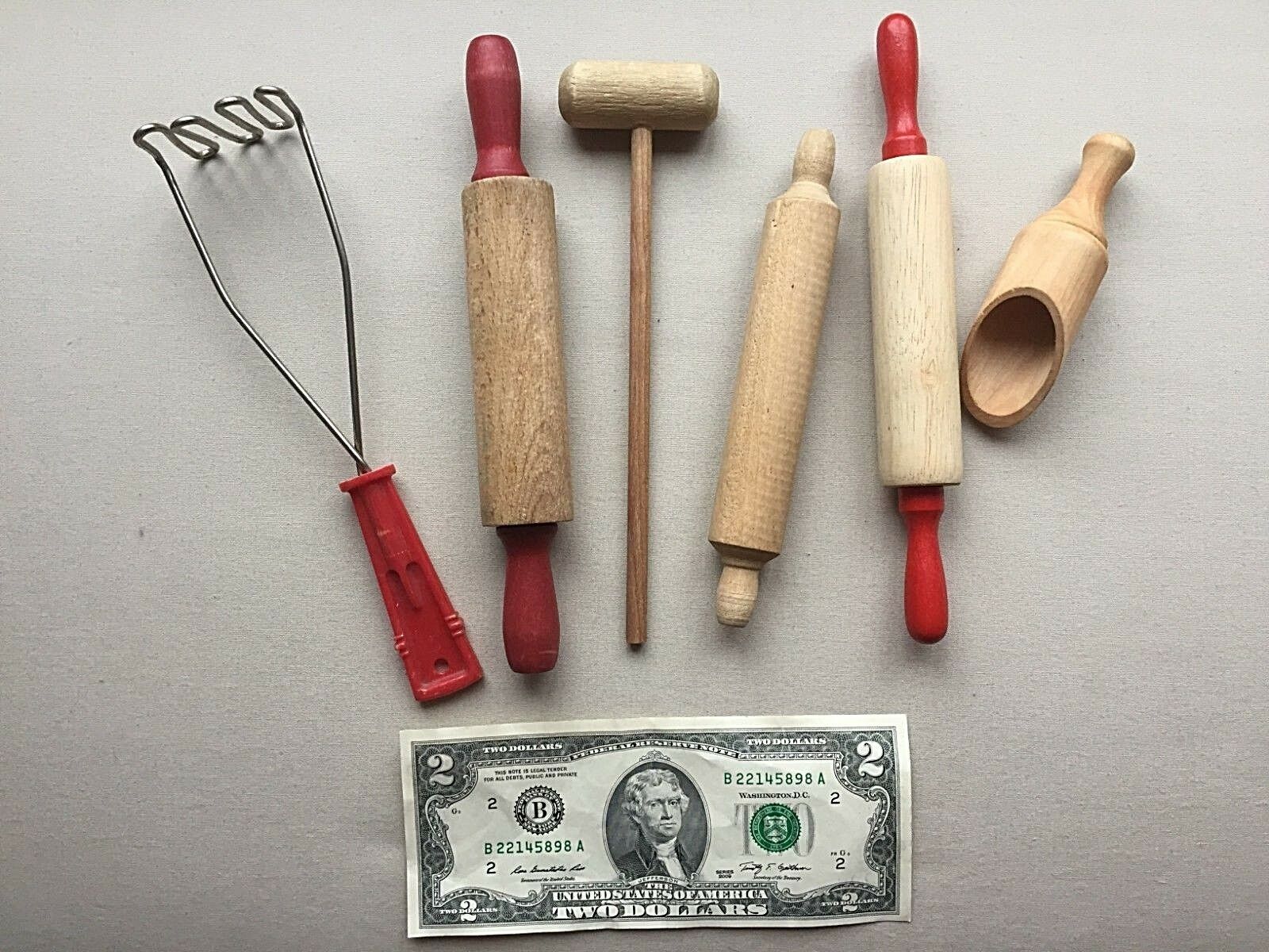 Fisher Price Fun Food ● Wood Metal 6 Utensils Kitchen ● Masher Rolling Pin Scoop