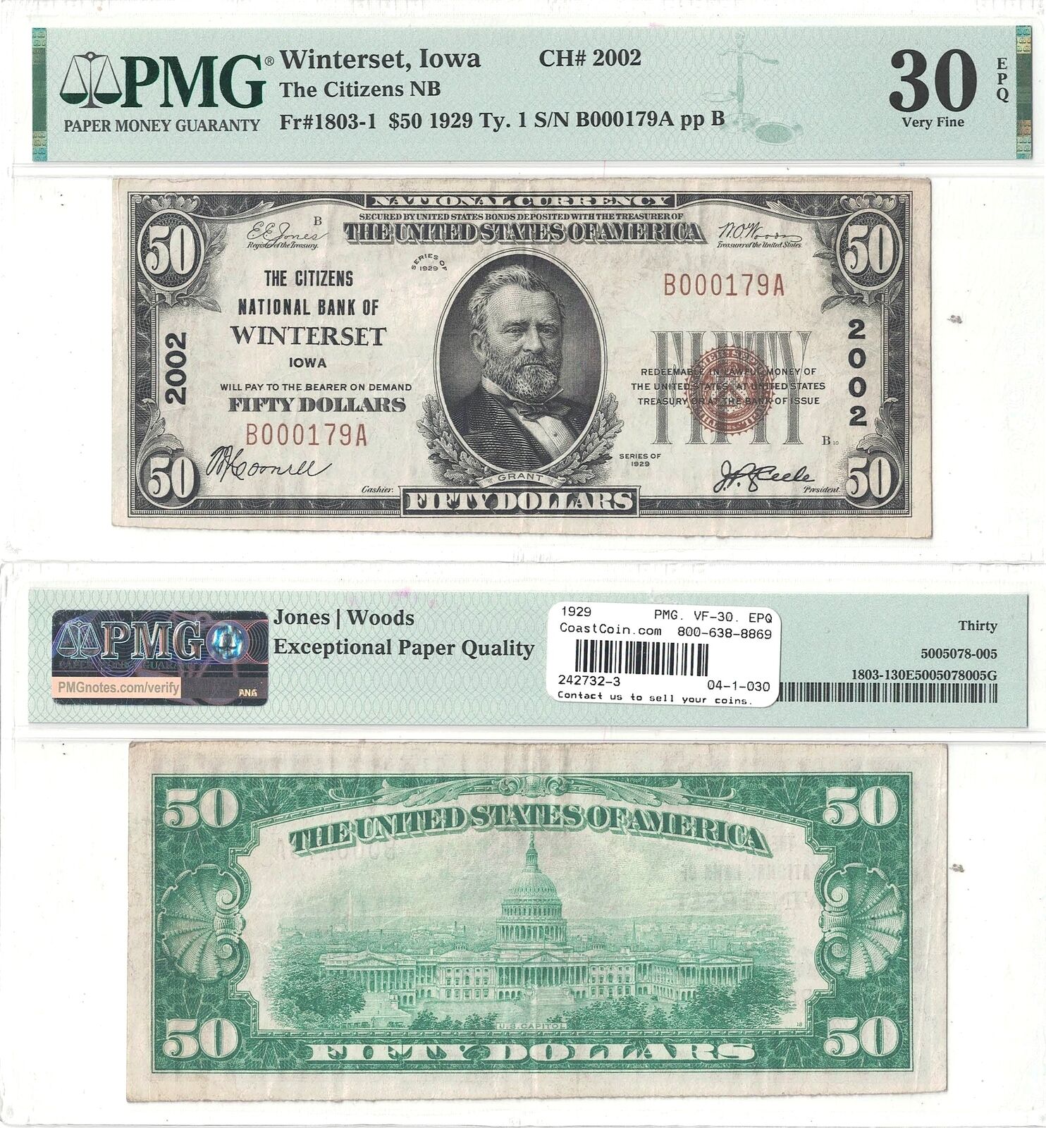 1929 $50 Citizens National Bank Of Winterset, Ia #2002 Pmg Very Fine-30 Epq