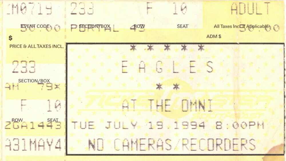Eagles 1994 Hell Freezes Over Tour The Omni Coliseum / Atlanta Ticket Stub