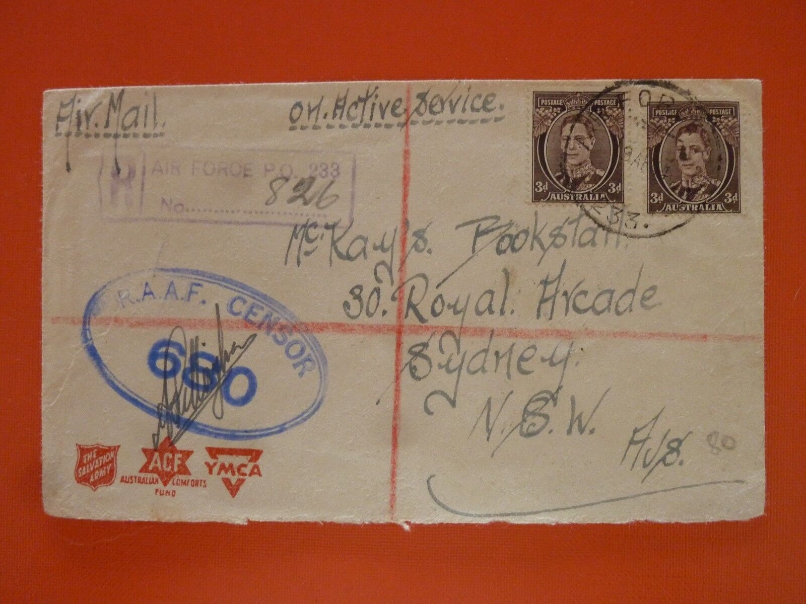 Australia 1944 Censored Air Mailed Cover From R.a.f Addressed To Sidney - Ymca