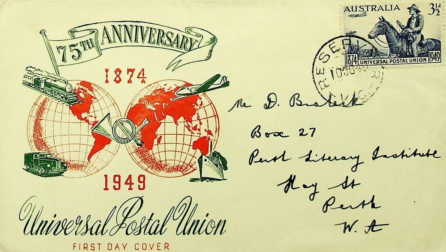 Australia 1949 75th Anniversary Of Upu Fdc W/ 3½d From Reservoir Vic. To Perth