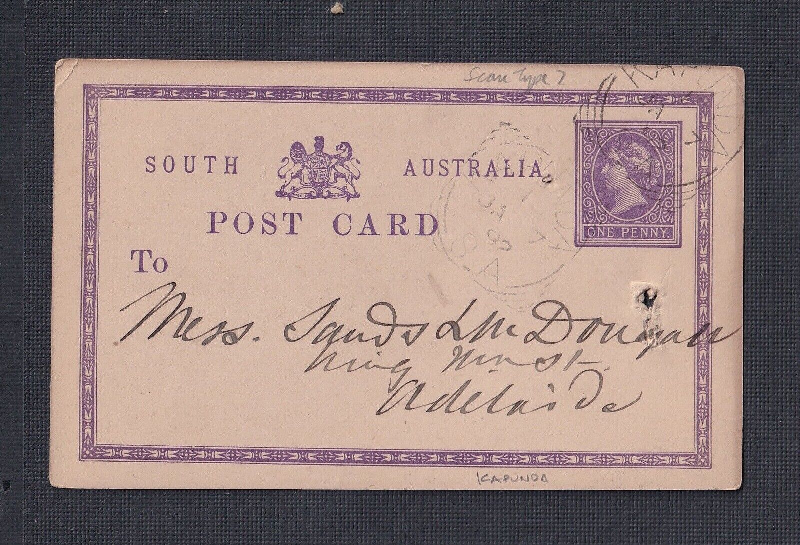 South Australia 1892 One Penny Ps Card Kapunda Squared Circle To Adelaide