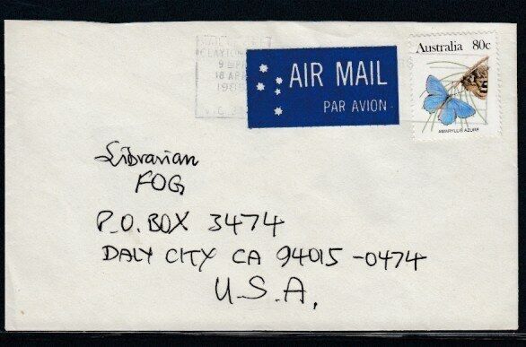 Australia Commercial Cover Clayton Bay To Daly City 18-4-1985 Cancel
