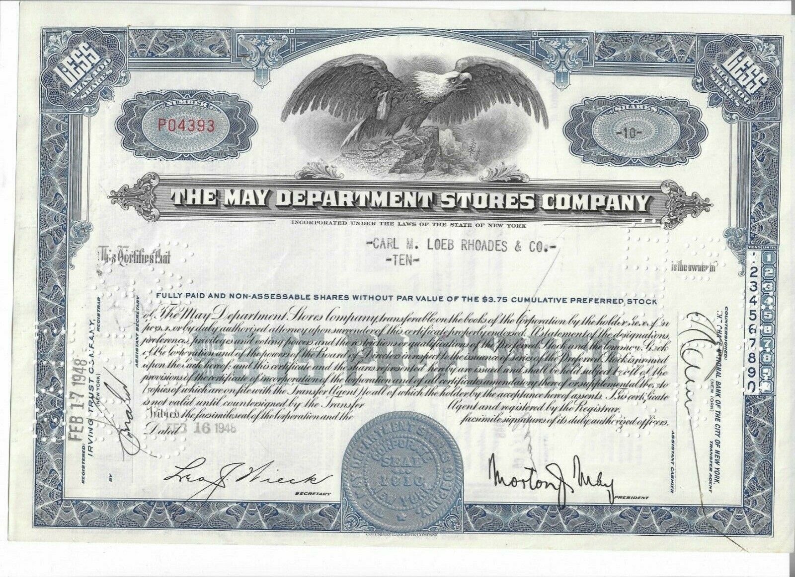 The May Company Stock Certificate Vintage 1948 Carl M Loeb Rhoades & Co.