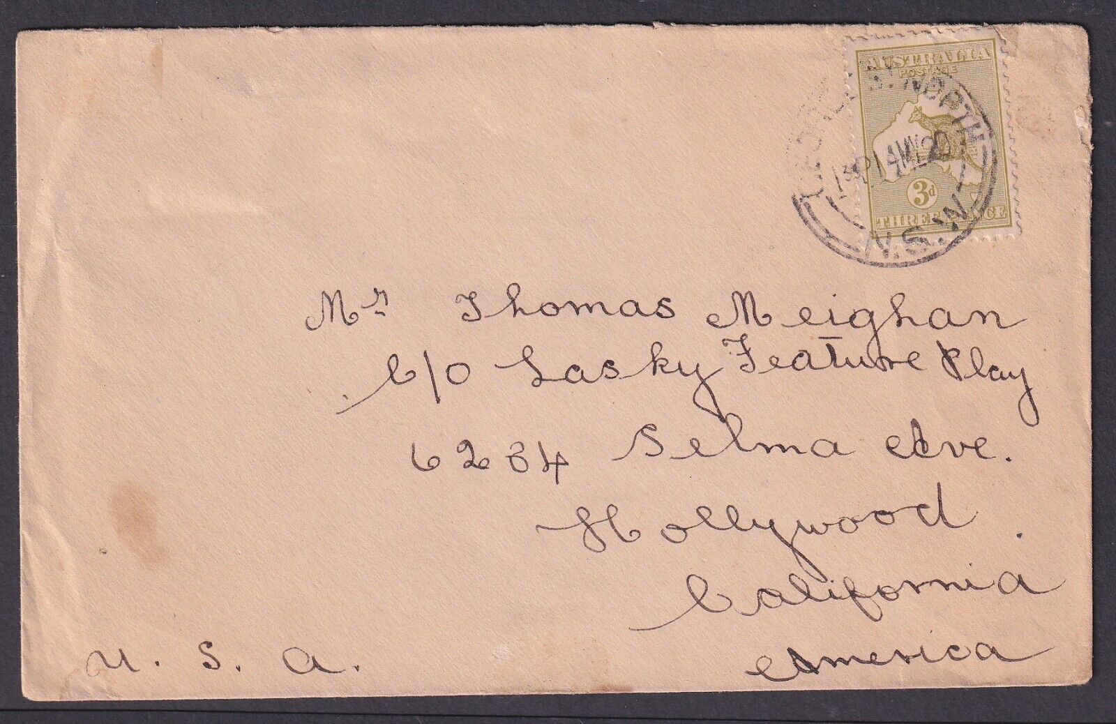 Australia 1920 3p Kangaroo Cover From George St North To Thomas Meighan (actor)