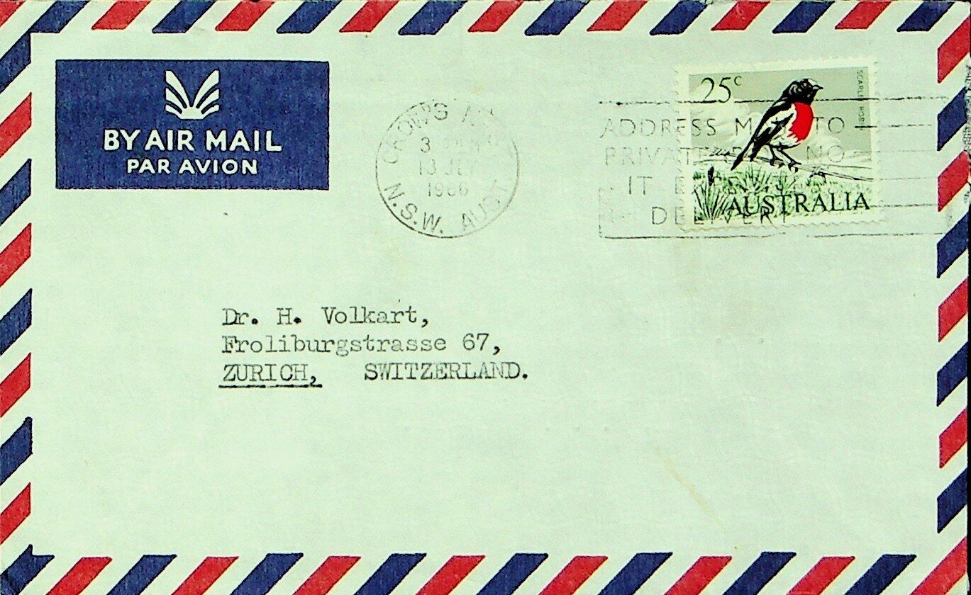 Australia 1966 25c Bird On Airmail Cover Crows Nest Nsw To Zuerich Switzerland